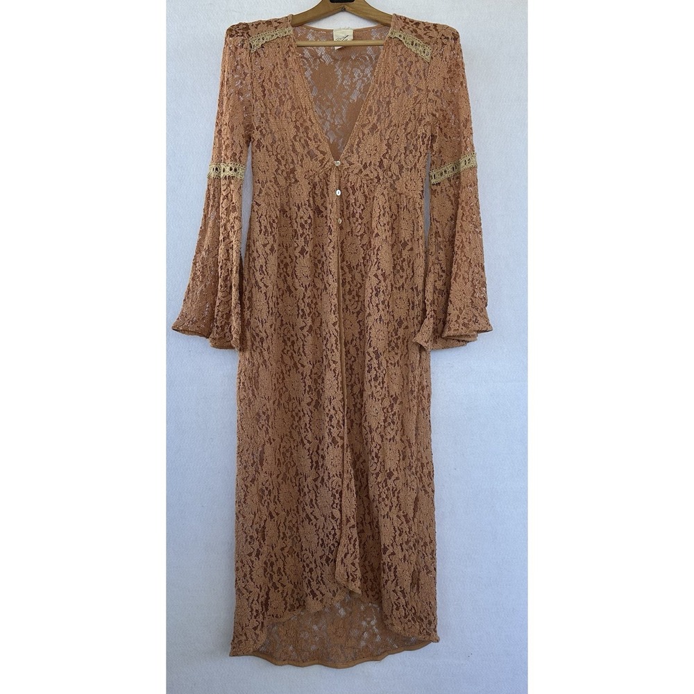 Brown Lace Duster Long Cardigan Cottagecore Victorian Women's Small
